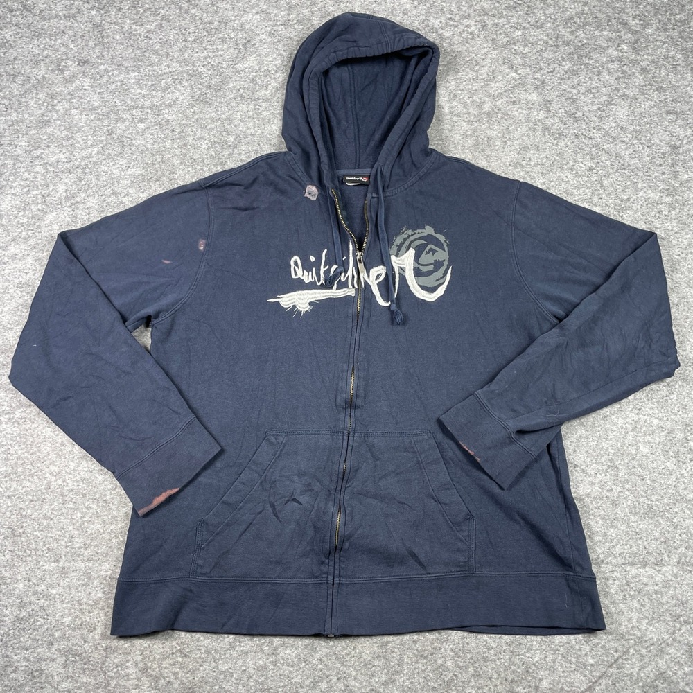 Vintage Y2K Quiksilver Hoodie Mens L Navy Blue Full Zip Embroidered Wave Surf